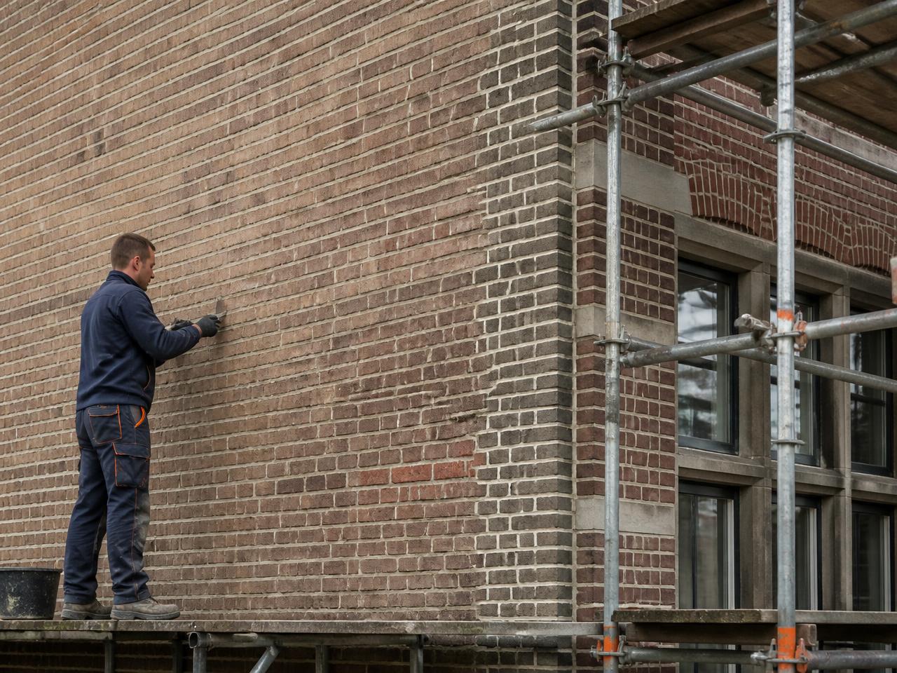 Metselaar aan het werk aan een gevel tijdens een renovatie